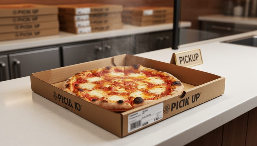 Boxed pizza and salad containers prepared for takeout on a restaurant pickup counter