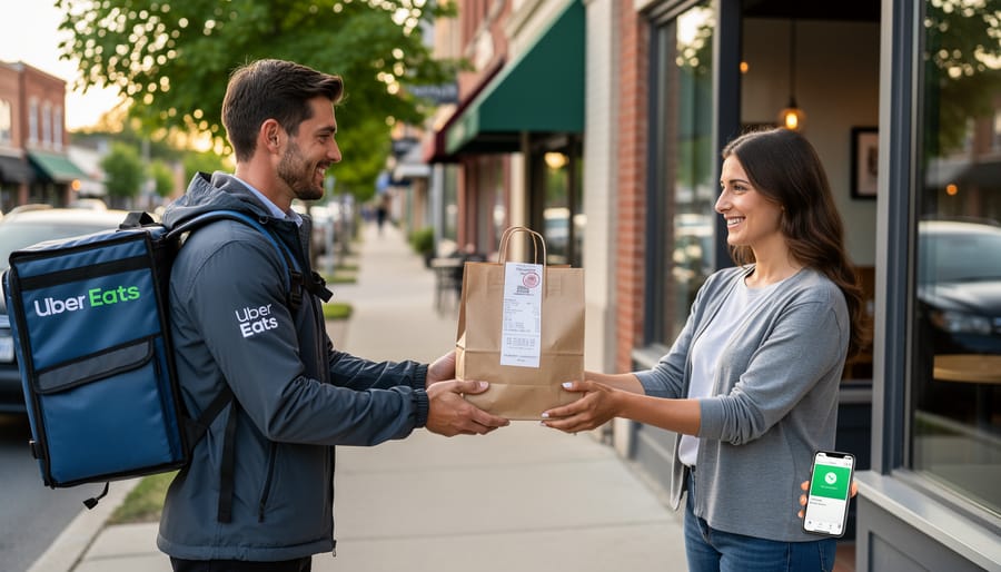 Courier delivering a sealed food bag while a person holds a smartphone for an app-based delivery