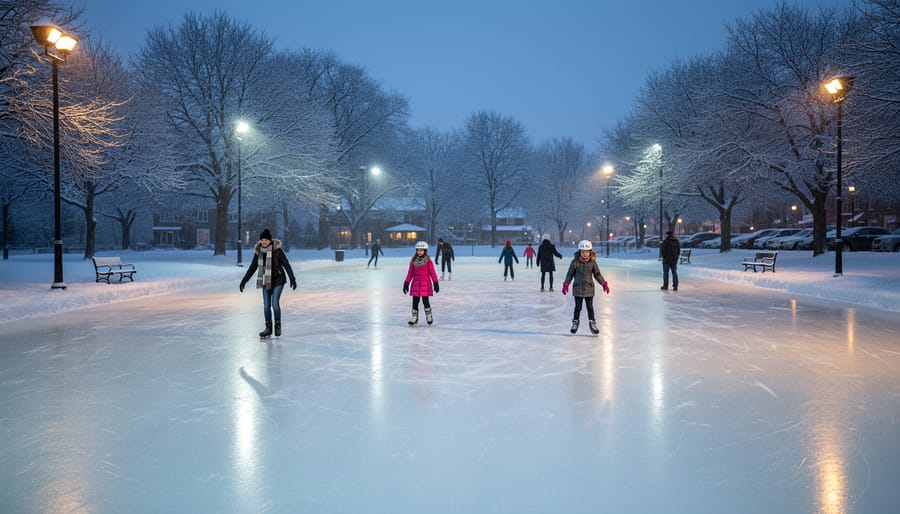 Outdoor ice skating rink at Woburn Park in Cobourg at dusk, with glowing lights on the ice and skaters gliding in winter clothing.