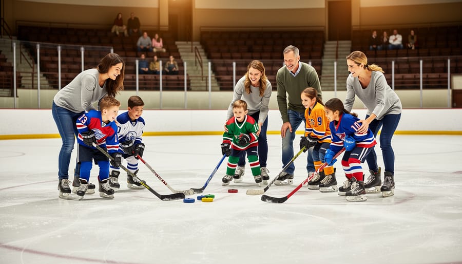 Family and kids playing casual shinny hockey on the Woburn Ice Skating Rink hockey area