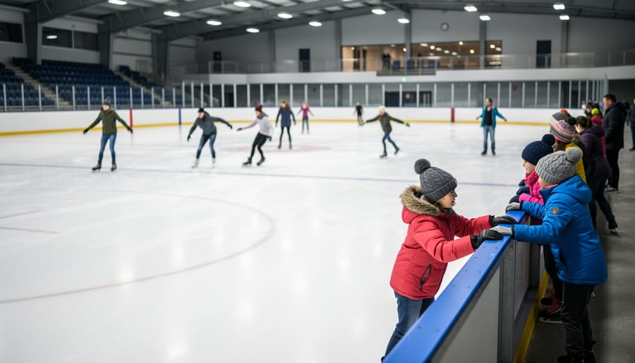 Skaters glide on the main ice surface at Woburn Ice Skating Rink on a winter day