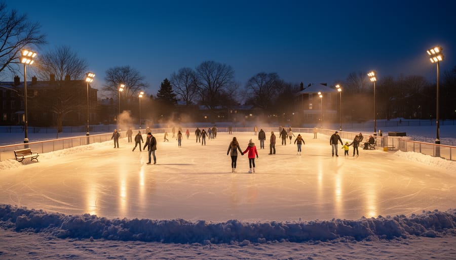 Evening panorama of Woburn Ice Skating Rink with skaters and glowing lights