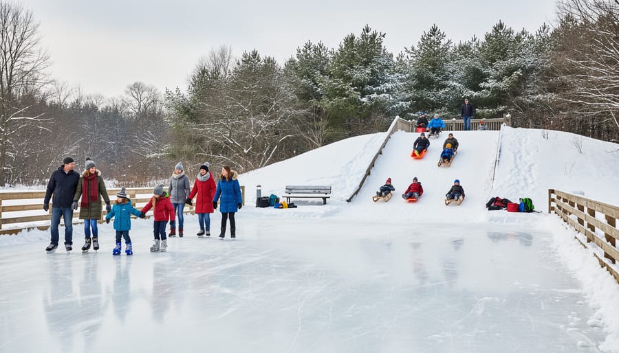 A snowy toboggan hill area near Woburn Ice Skating Rink with distant riders