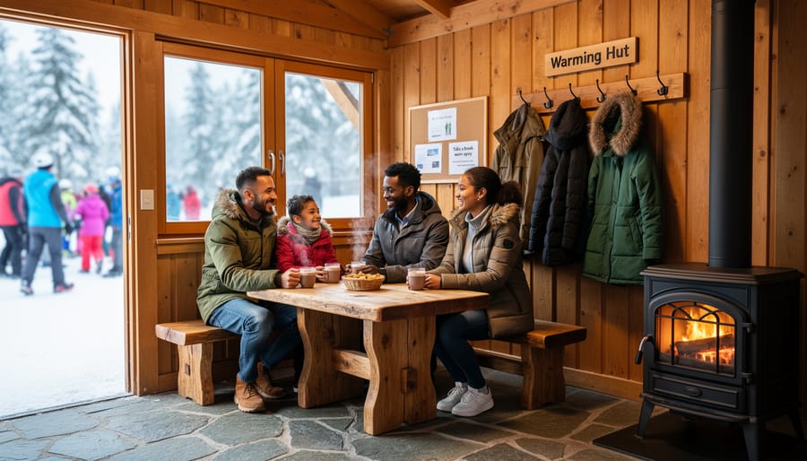 Family warming up near an outdoor hut at Woburn Ice Skating Rink